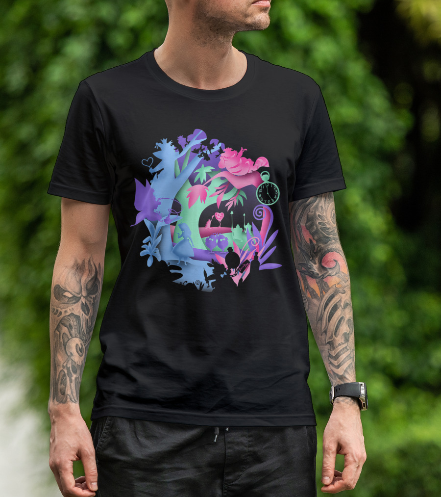 Disney Alice In Wonderland Cheshire Cat Neon Forest Clock Scene T-Shirt