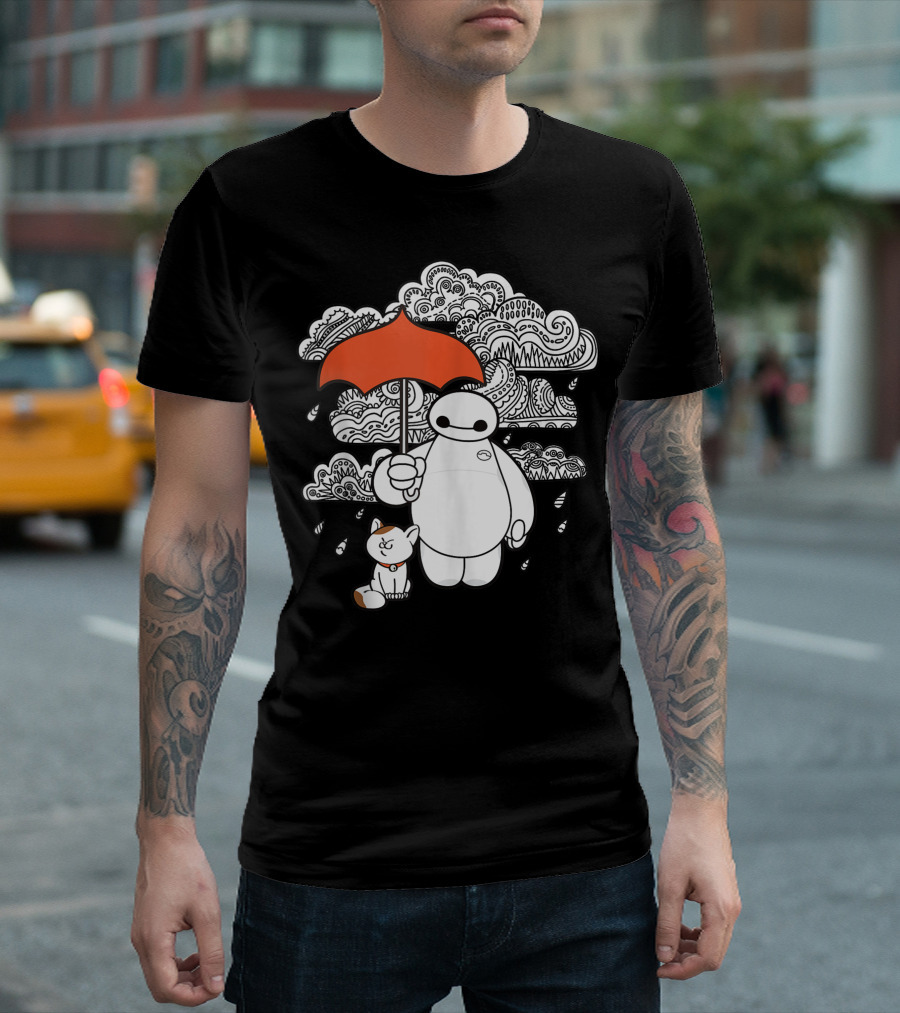 Disney Big Hero 6 Baymax With Orange Umbrella And Mochi In Black And White Patterned Clouds T-Shirt