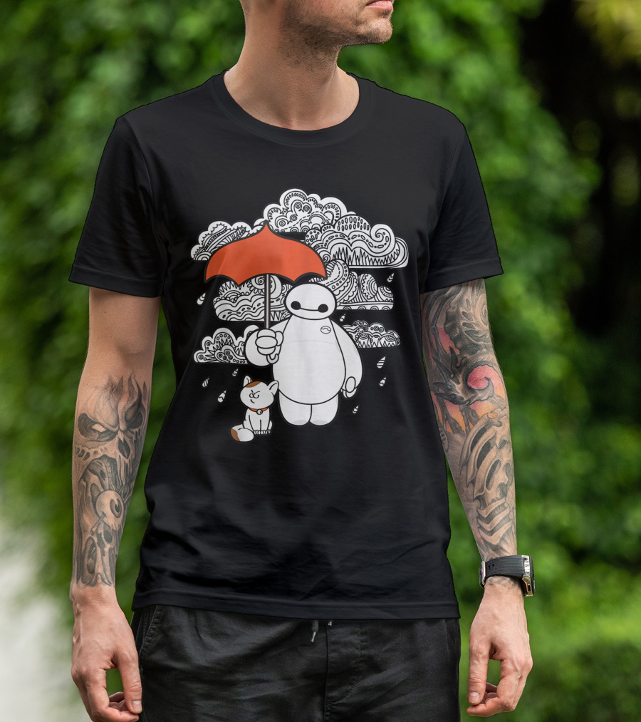 Disney Big Hero 6 Baymax With Orange Umbrella And Mochi In Black And White Patterned Clouds T-Shirt