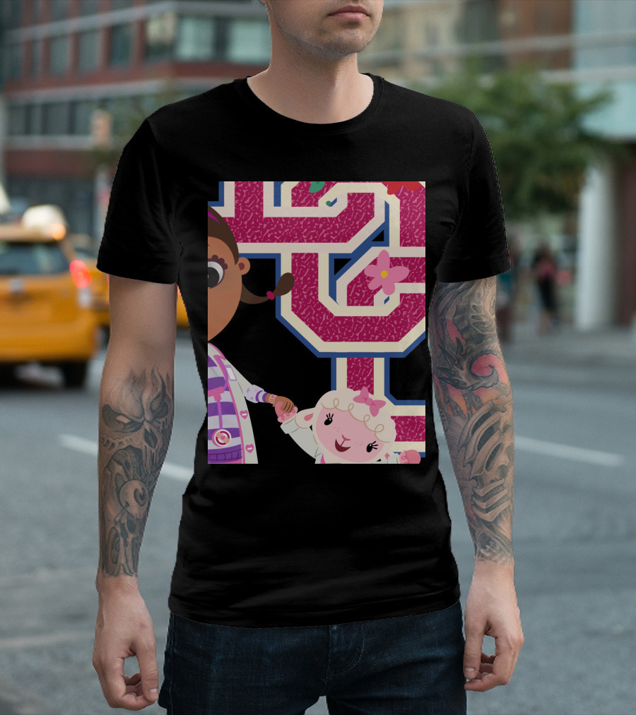 Disney Doc McStuffins Lambie Holding Hands with Doctor in Pink Patterned Maze Background T-Shirt