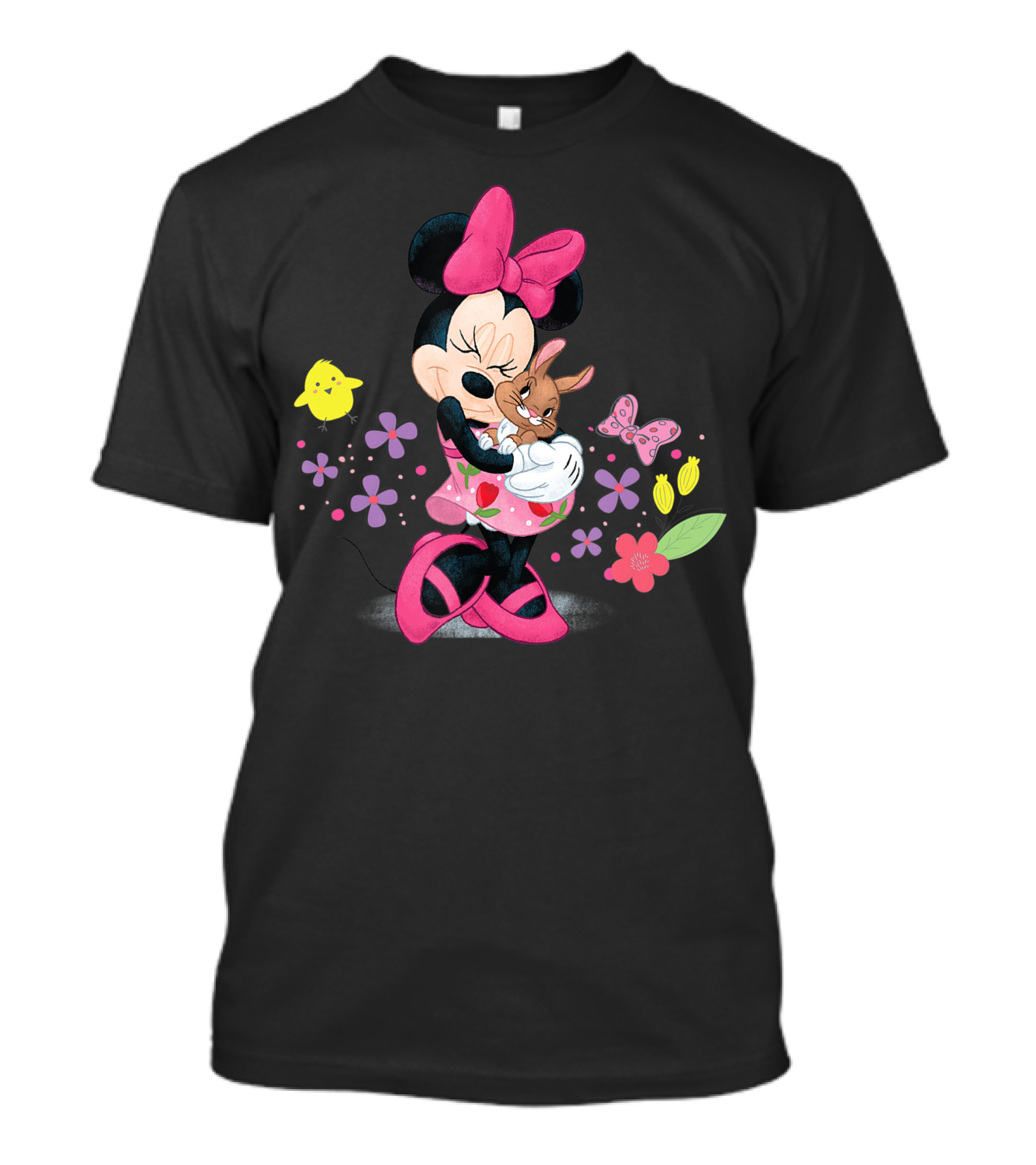 Disney Easter Minnie Mouse And Bunny Embrace With Flowers And Chick T-Shirt