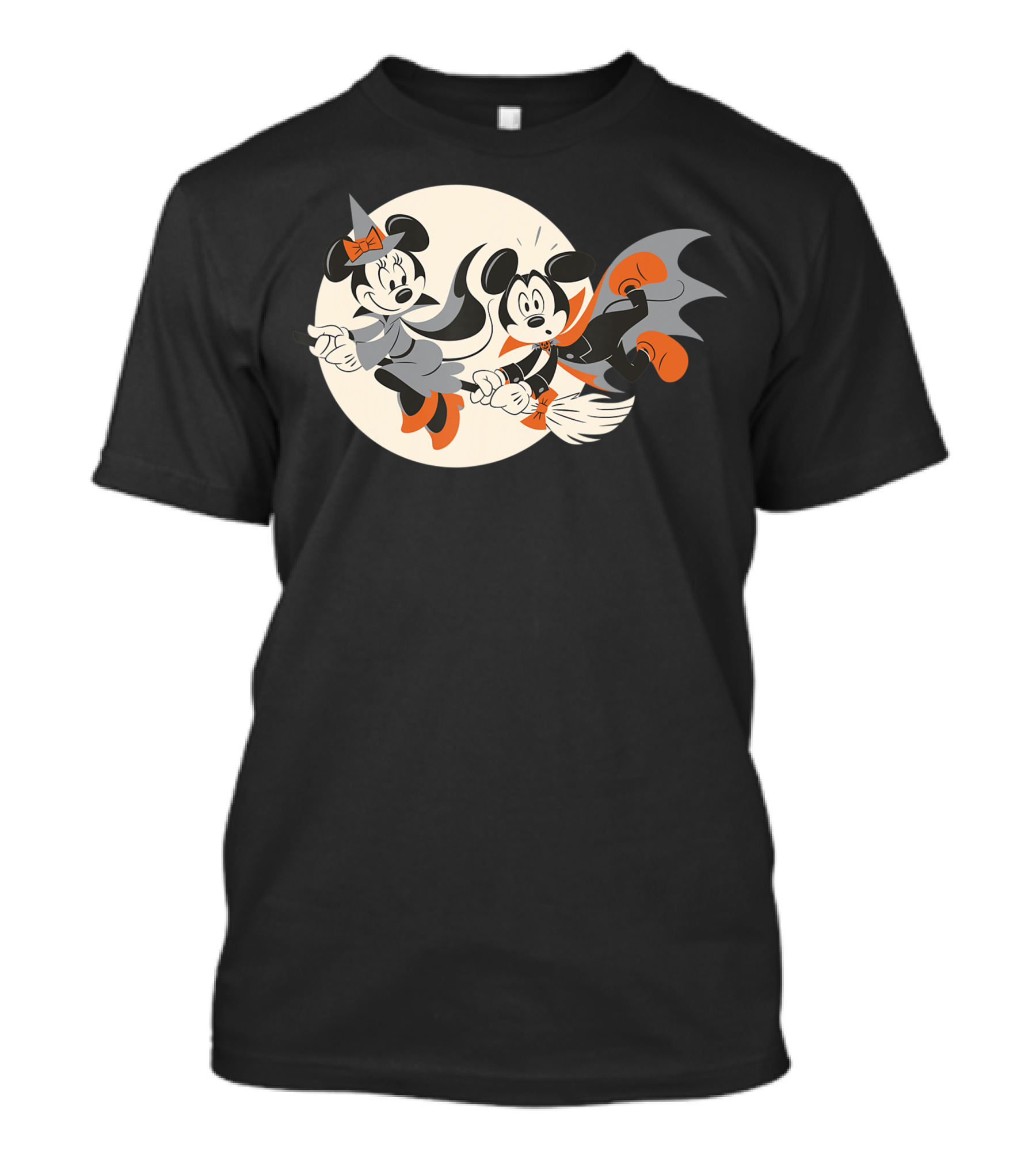 Disney Halloween Mickey And Minnie Witch And Vampire Flying On Broomstick T-Shirt