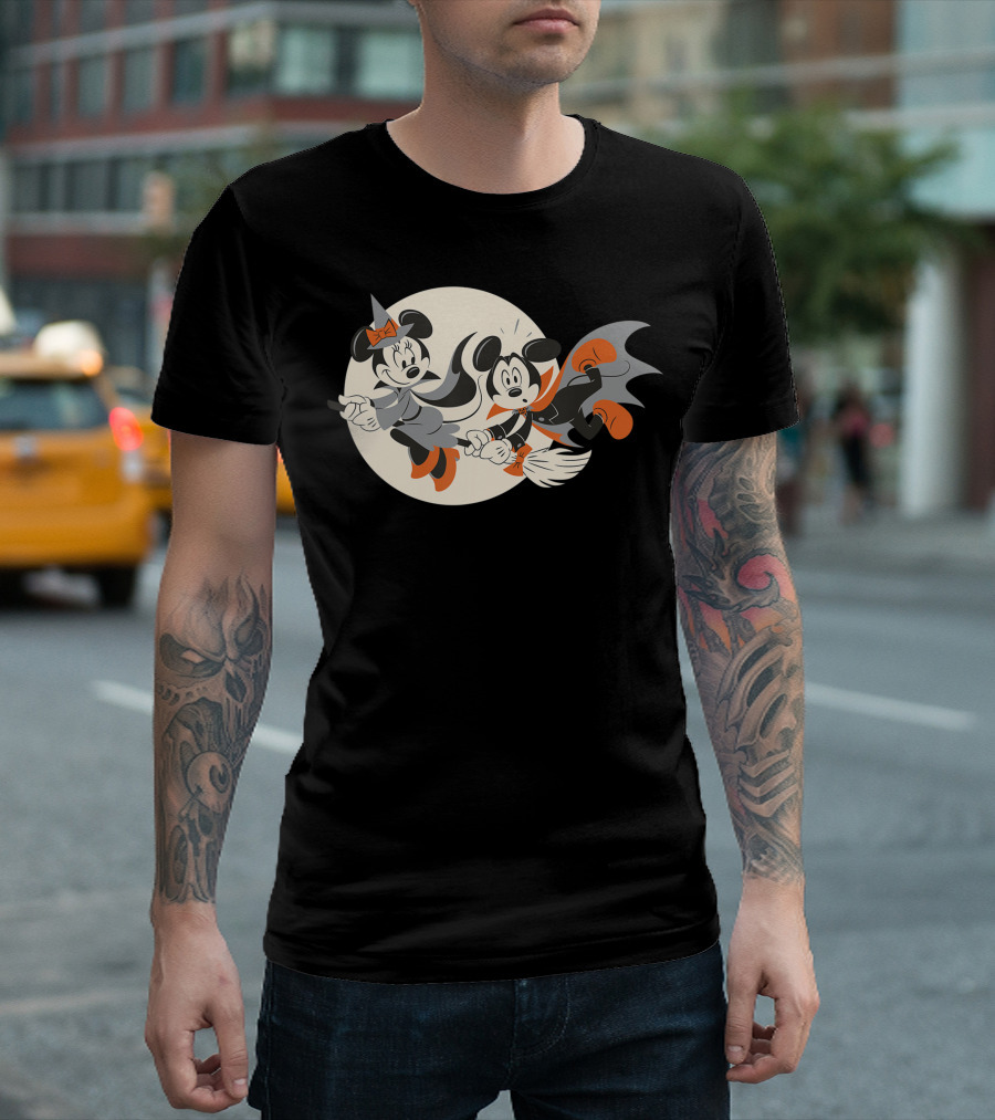 Disney Halloween Mickey And Minnie Witch And Vampire Flying On Broomstick T-Shirt
