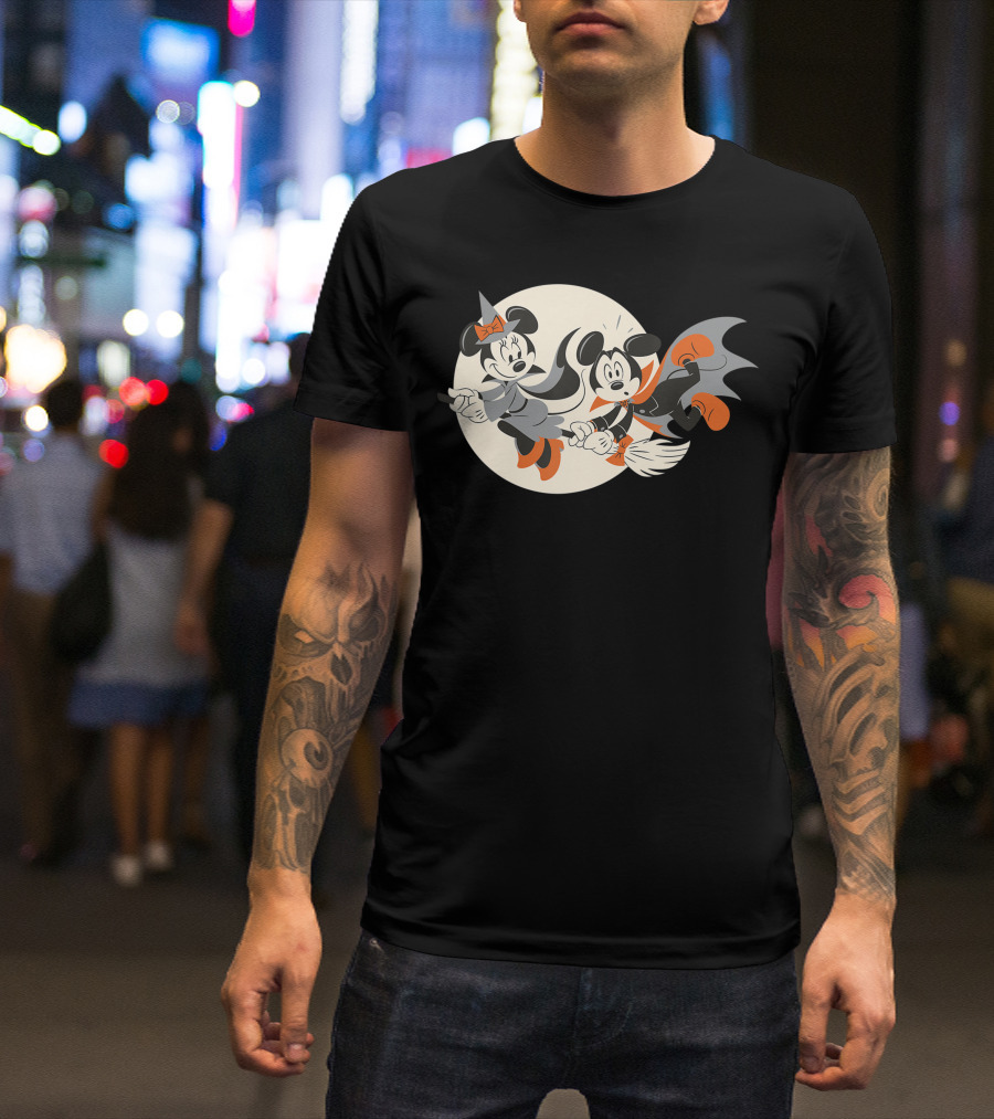 Disney Halloween Mickey And Minnie Witch And Vampire Flying On Broomstick T-Shirt
