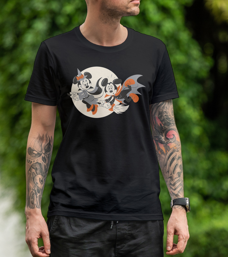 Disney Halloween Mickey And Minnie Witch And Vampire Flying On Broomstick T-Shirt
