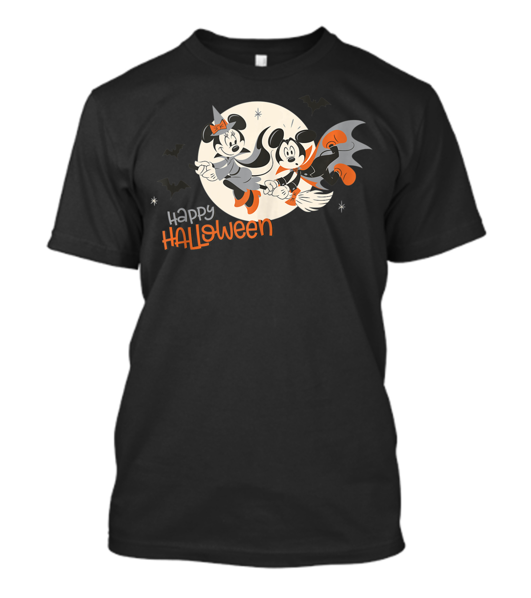 Happy Halloween Minnie And Mickey Flying With Bats And Moon T-Shirt