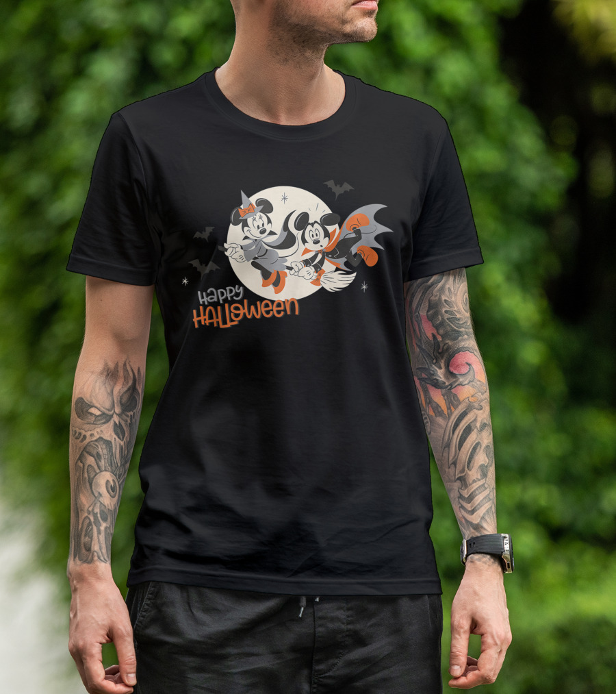 Happy Halloween Minnie And Mickey Flying With Bats And Moon T-Shirt