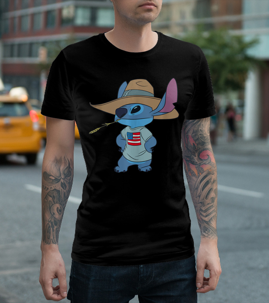 Disney Lilo And Stitch Americana Cowboy Hat Flag T-Shirt