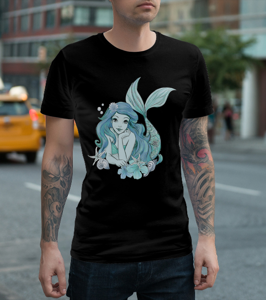 Disney Little Mermaid Ariel Teal Sketch Starfish and Seashells T-Shirt
