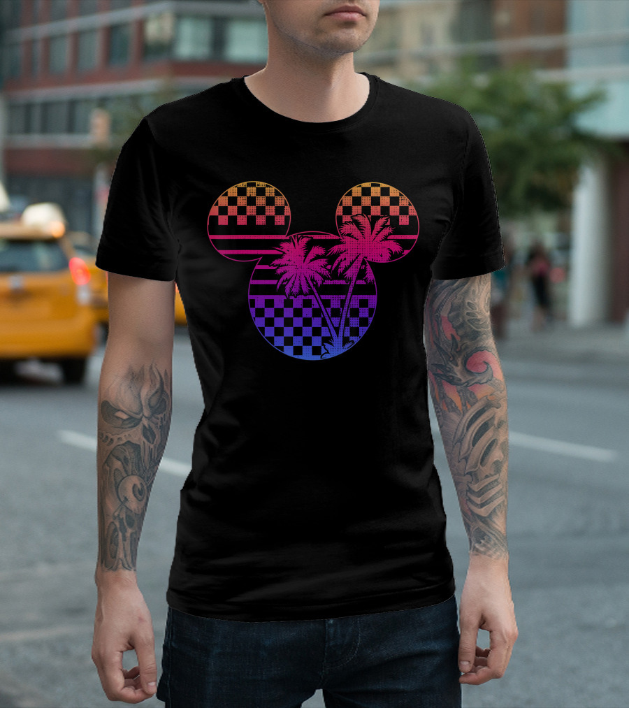 Disney Mickey and Friends Gradient Checkerboard Palm Trees T-Shirt