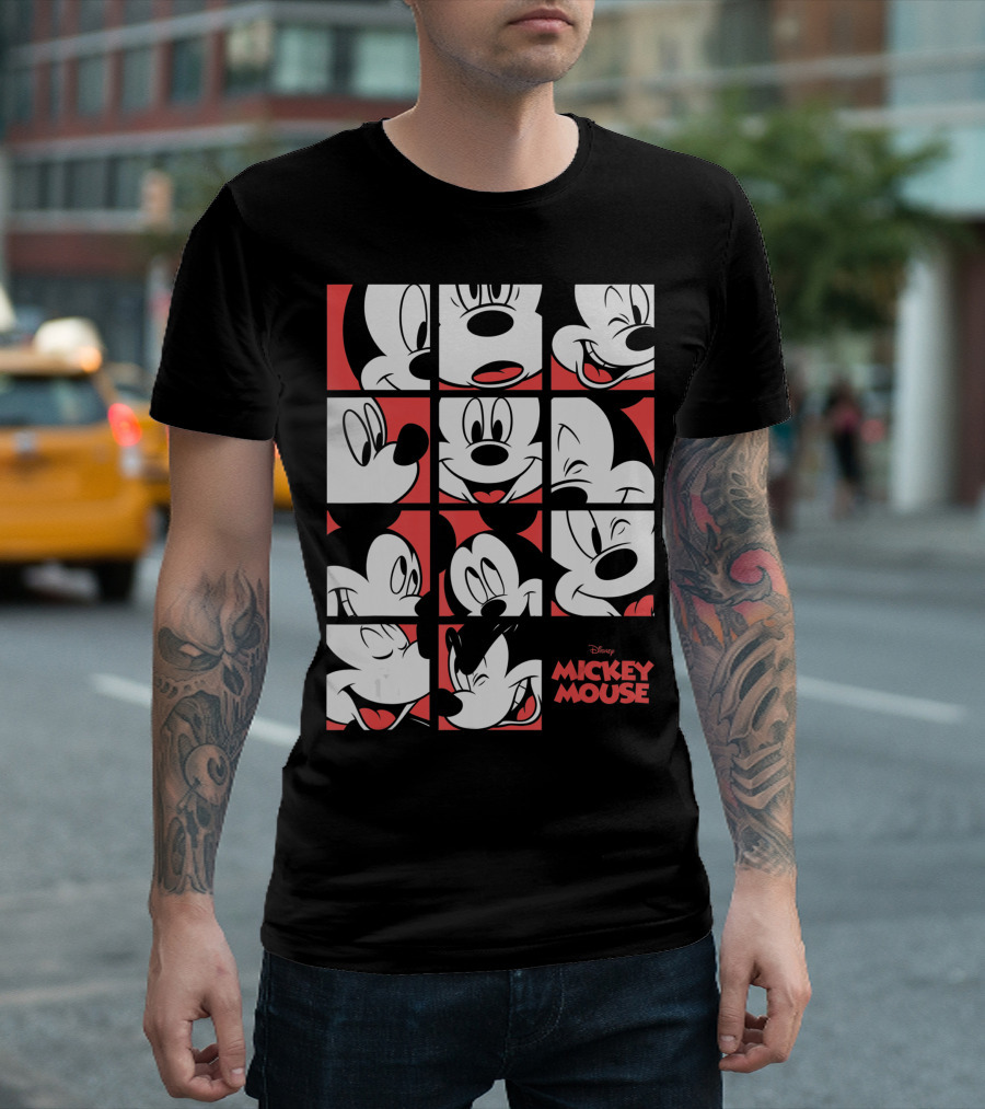 Disney Mickey Mouse Expressions Boxes Black Red Grid T-Shirt