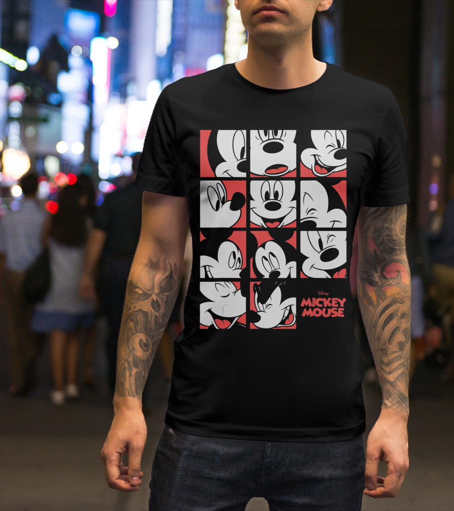 Disney Mickey Mouse Expressions Boxes Black Red Grid T-Shirt
