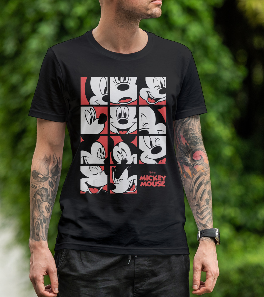 Disney Mickey Mouse Expressions Boxes Black Red Grid T-Shirt
