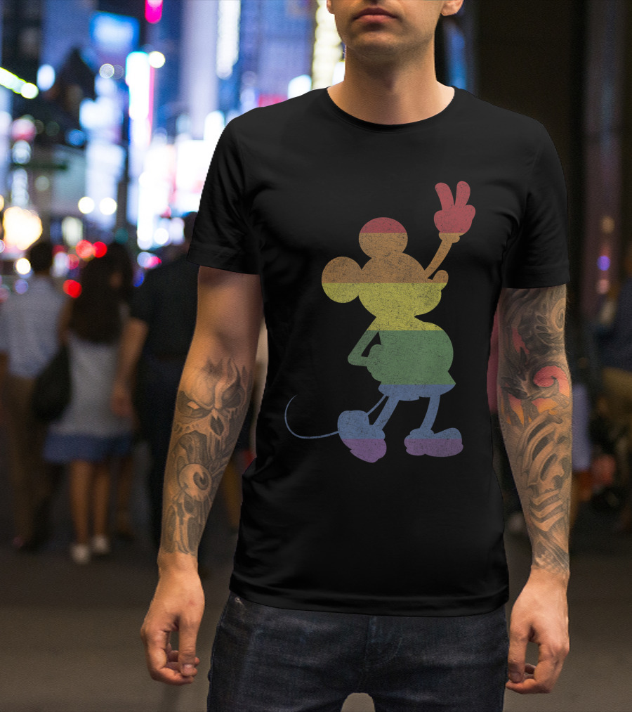 Disney Mickey And Friends Pride Rainbow Stripe Peace Mickey T-Shirt