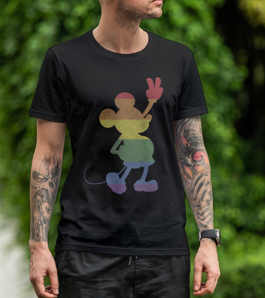 Disney Mickey And Friends Pride Rainbow Stripe Peace Mickey T-Shirt