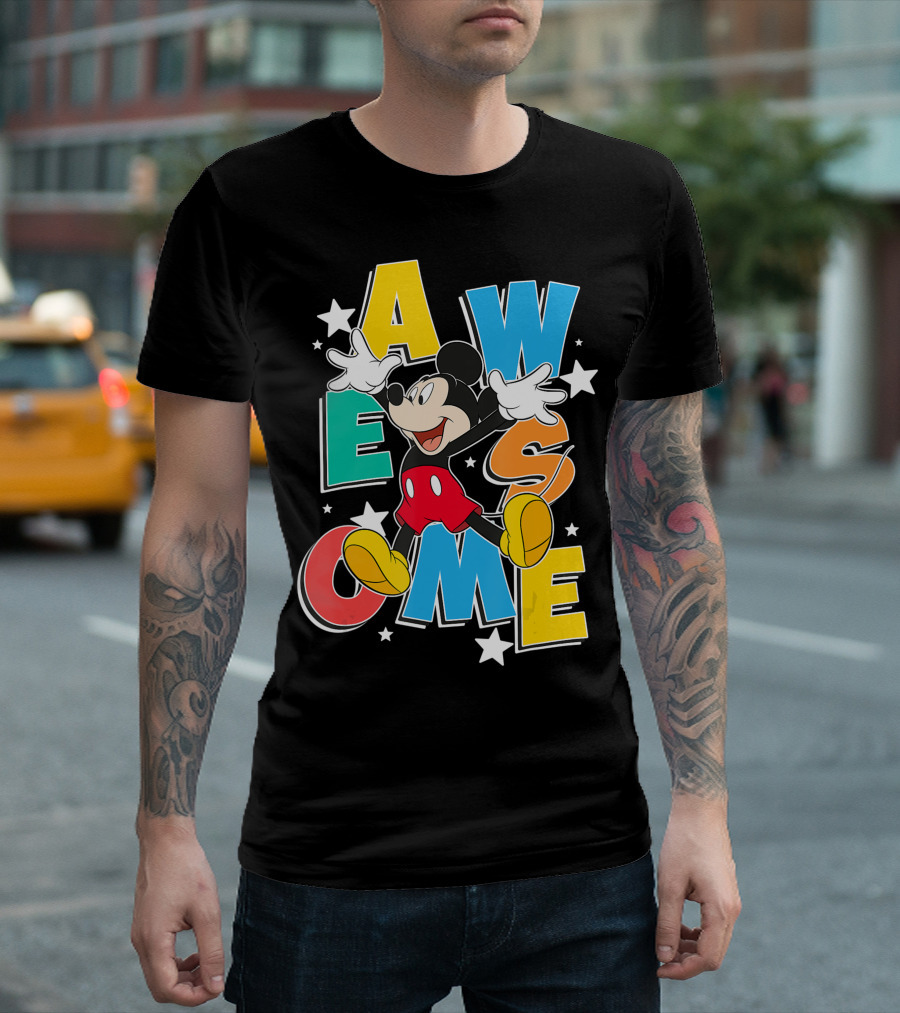 Disney Mickey Mouse Awesome Stars Colorful Letters T-Shirt