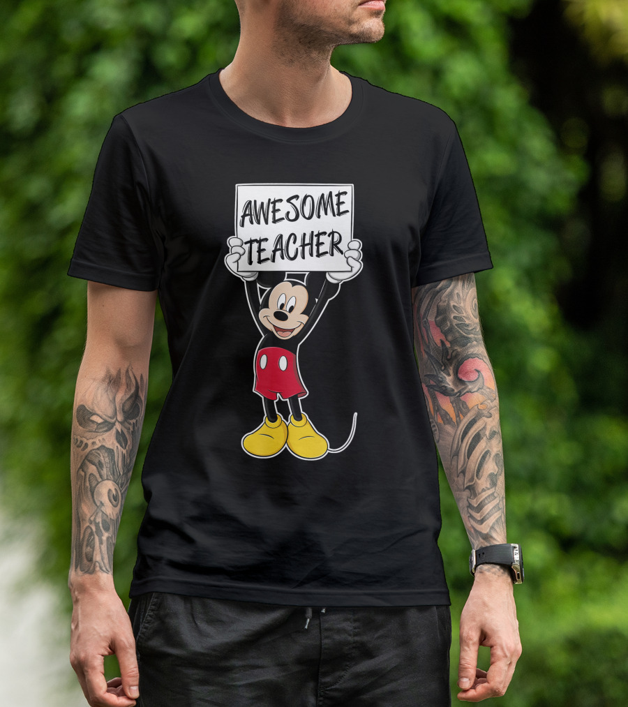Disney Mickey Mouse Awesome Teacher Holding Sign T-Shirt