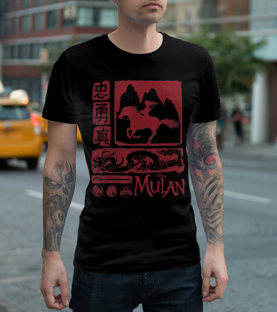 Disney Mulan Live Action Red Horse and Dragon Imagery with Chinese Characters T-Shirt