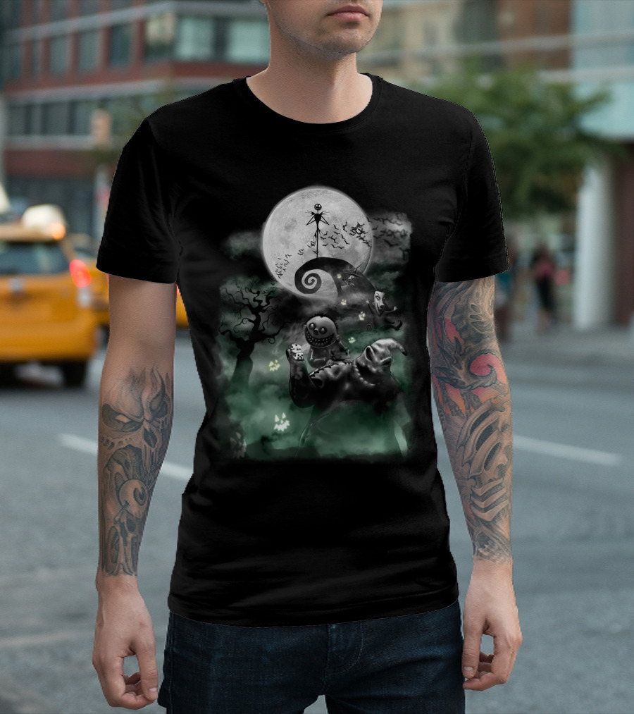 Disney Nightmare Before Christmas Moonlit Scene with Jack Skellington and Oogie Boogie T-Shirt