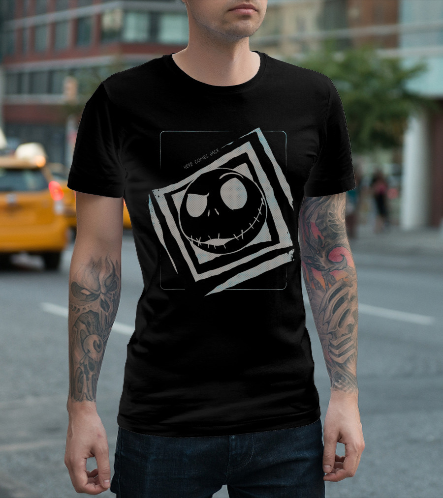 Disney Nightmare Before Christmas Here Comes Jack Skellington Face in Spiral Frame T-Shirt