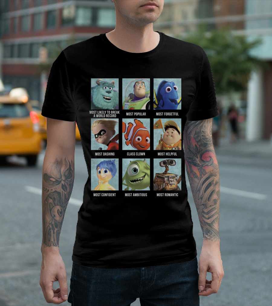 Disney Pixar Collection Character Yearbook Most Likely Popular Forgetful Dashing Clown Helpful Confident Ambitious Romantic T-Shirt