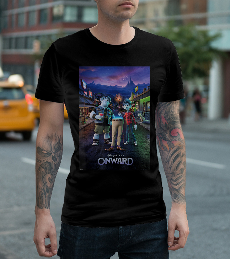 Disney Pixar Onward Characters in Magical Suburban Street Scene T-Shirt