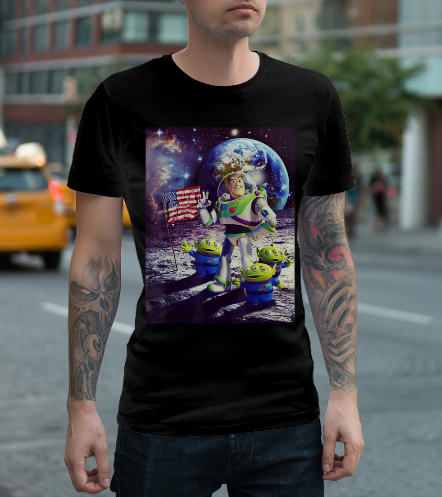 Toy Story Buzz Lightyear And Aliens With American Flag On Moon Planet Earth Background T-Shirt