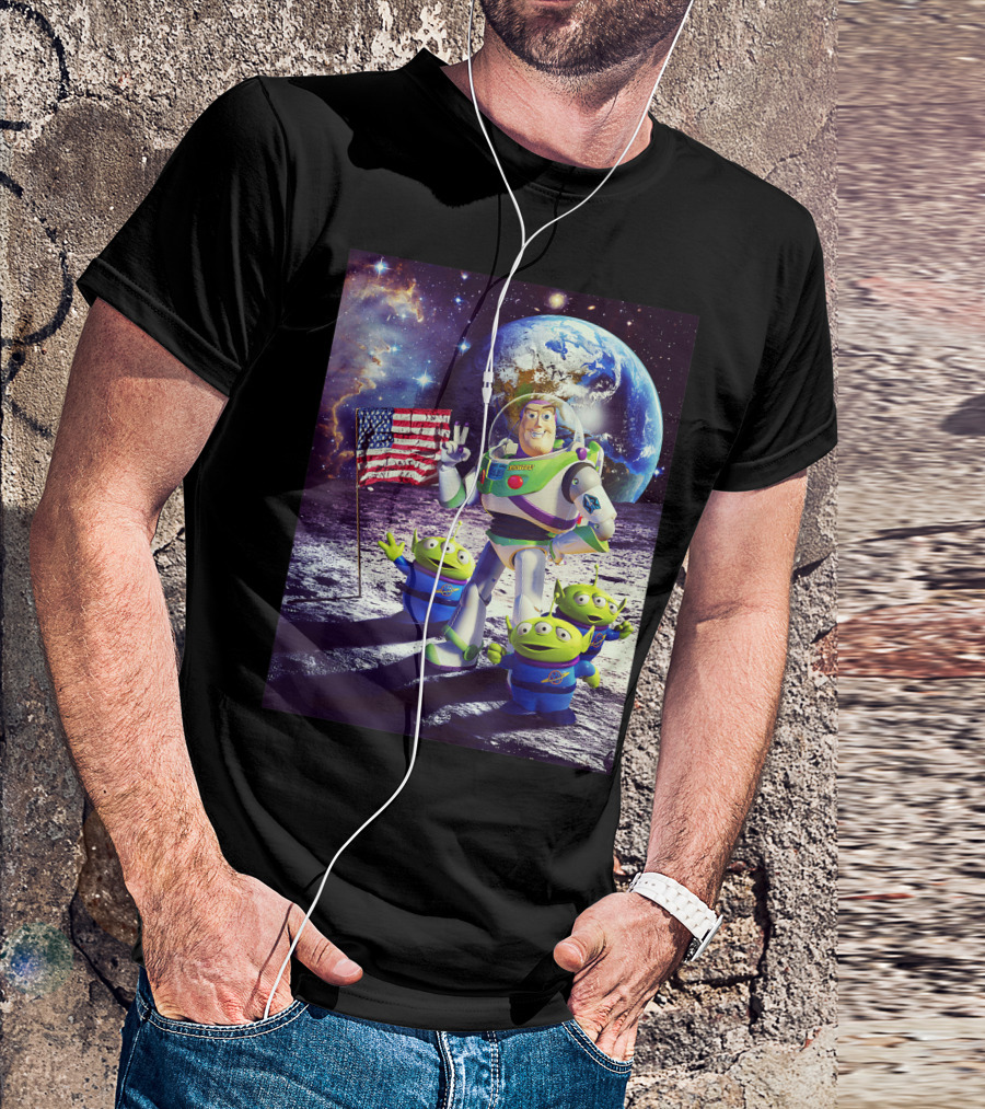 Toy Story Buzz Lightyear And Aliens With American Flag On Moon Planet Earth Background T-Shirt