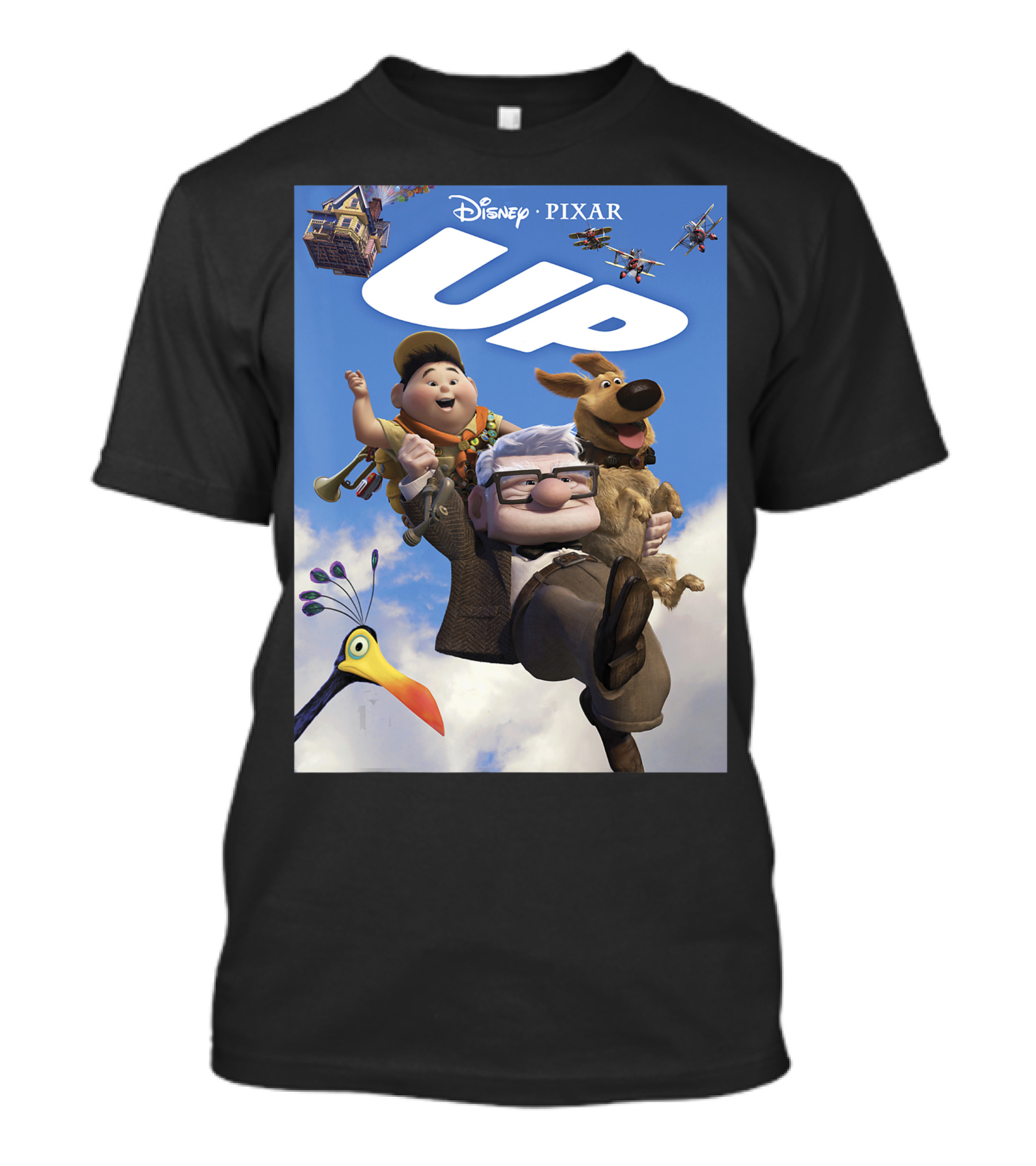 Disney Pixar Up Adventure Characters And House In Sky With Kevin Dug Airplanes T-Shirt