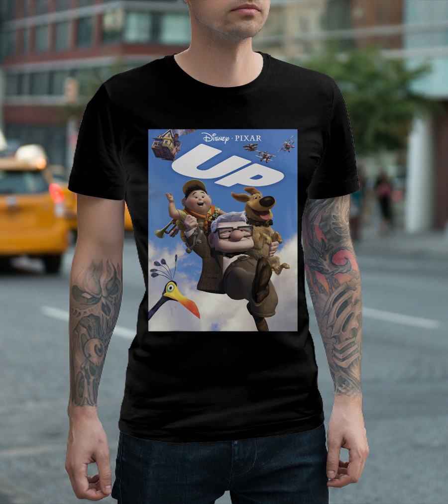 Disney Pixar Up Adventure Characters And House In Sky With Kevin Dug Airplanes T-Shirt