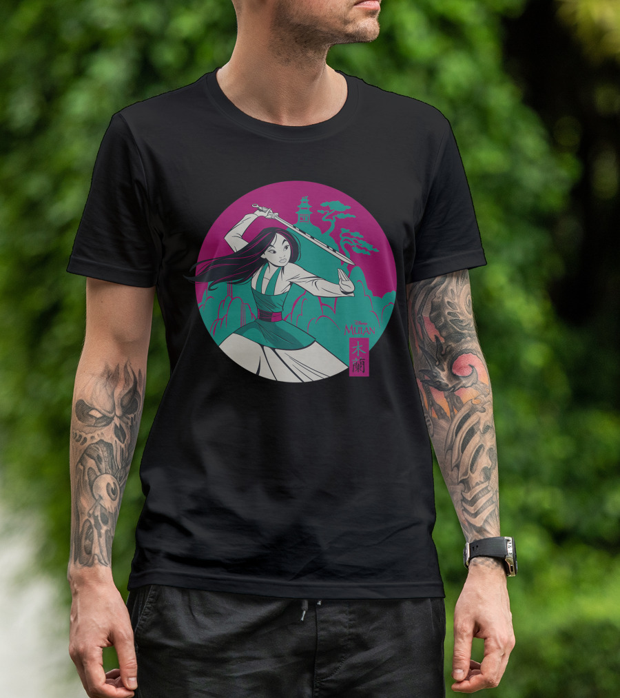 Disney Princess Mulan Medallion Warrior Scene With Pagoda And Clouds T-Shirt