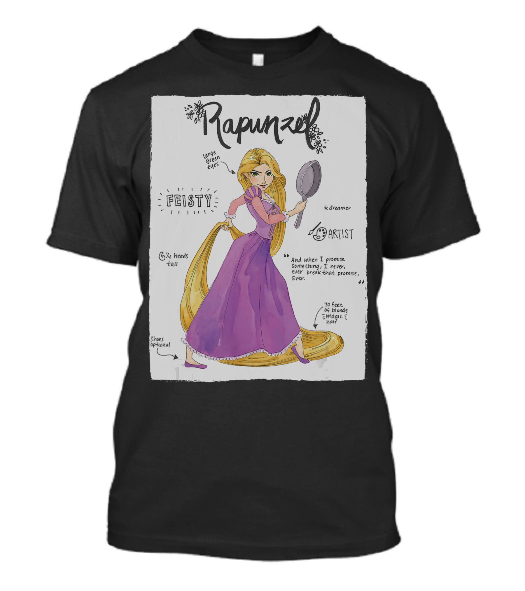 Rapunzel Fashion Callouts Feisty Dreamer Artist Large Green Eyes Magic Hair T-Shirt