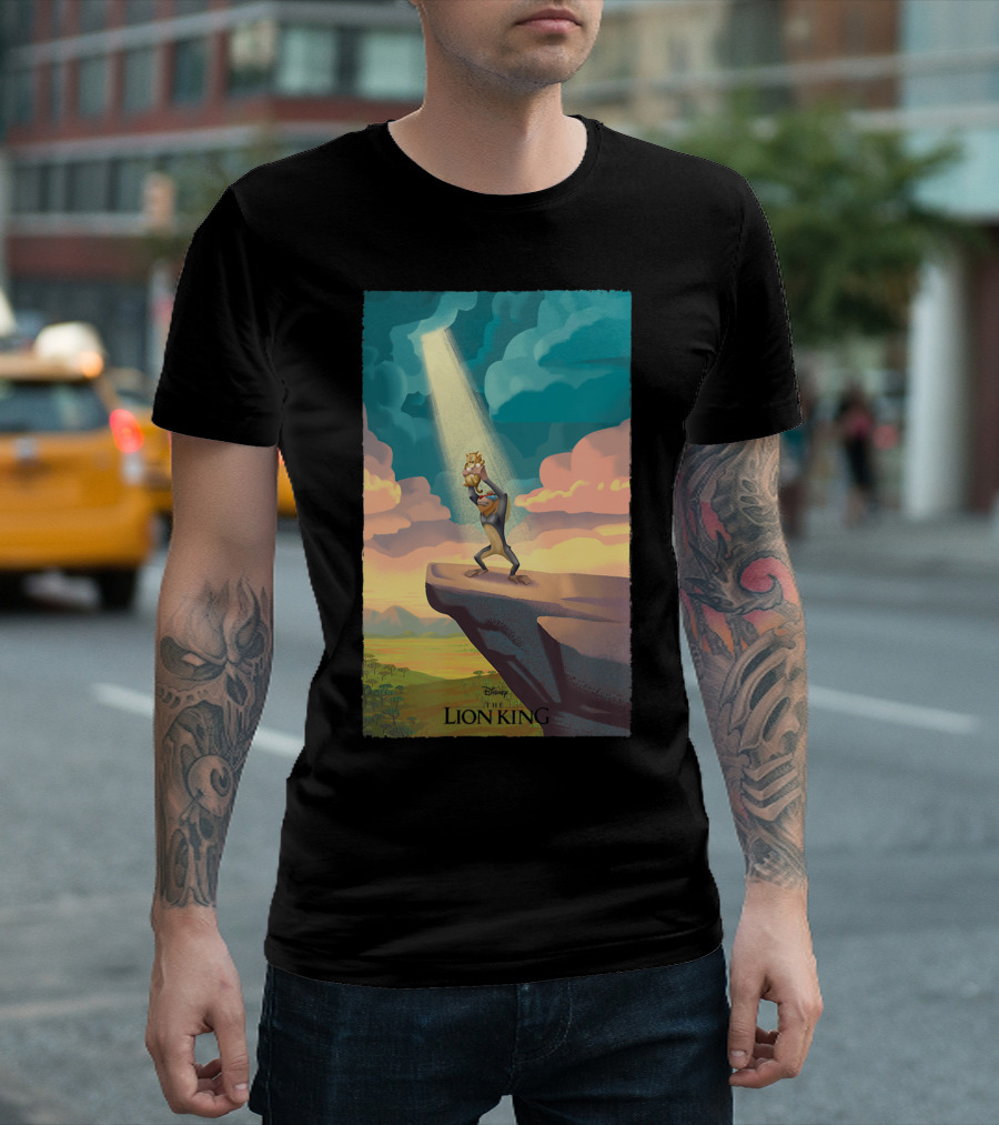 Disney The Lion King Rafiki Lifts Simba on Pride Rock with Sunrise Background T-Shirt