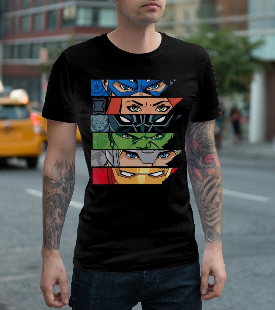 Marvel Avengers Heroic Eyes Captain America Black Widow Black Panther Hulk Thor Iron Man T-Shirt