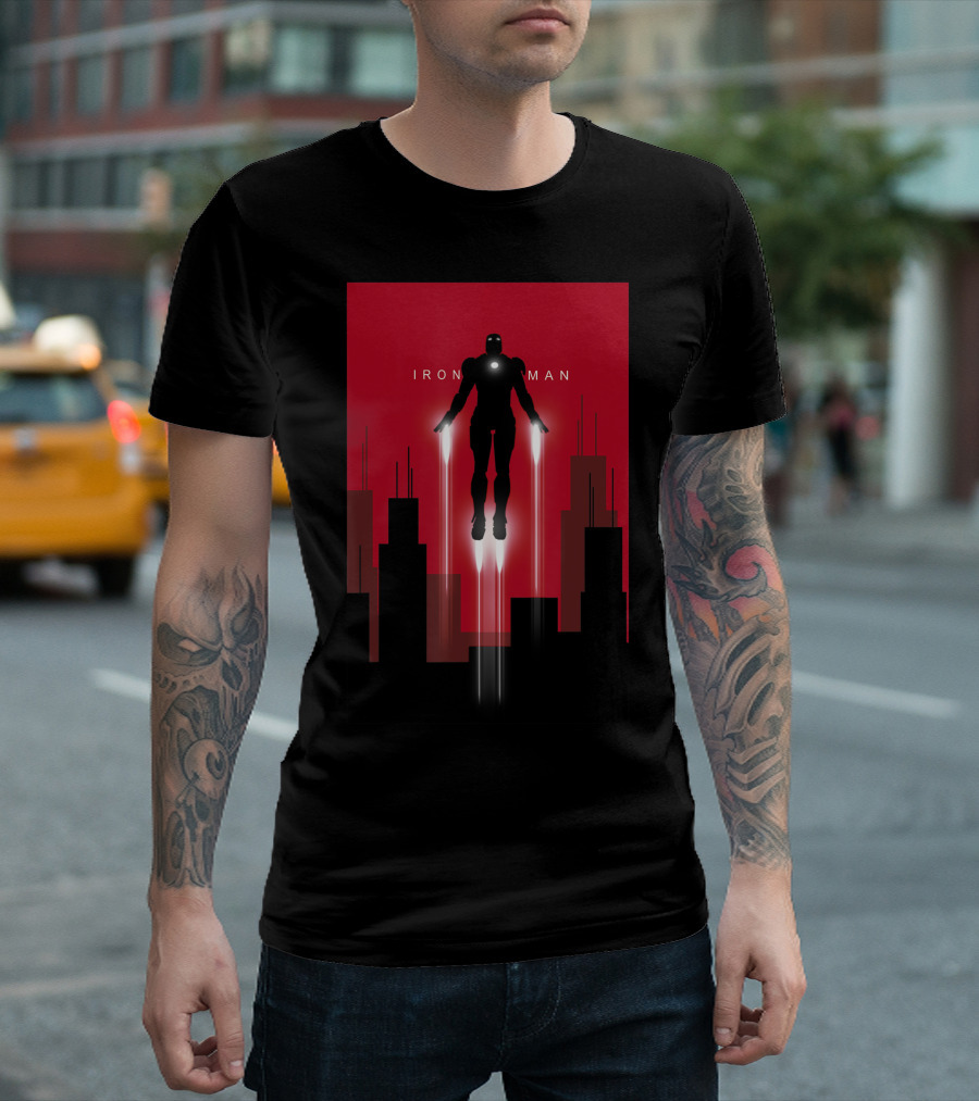 Marvel Iron Man In Flight Silhouette Over Red Cityscape T-Shirt
