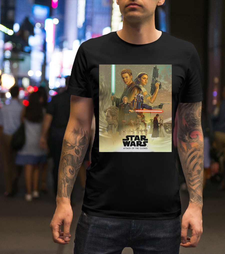Star Wars Celebration Attack Of The Clones Mural Jedi Battles And Iconic Characters T-Shirt