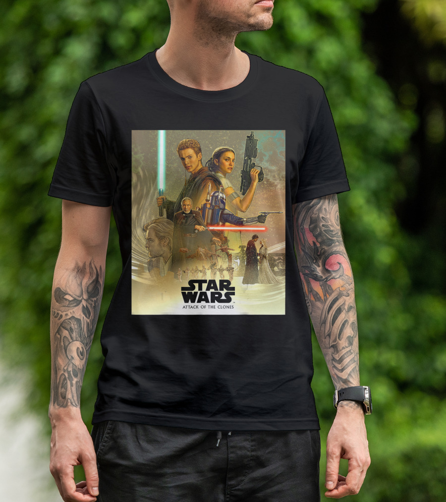 Star Wars Celebration Attack Of The Clones Mural Jedi Battles And Iconic Characters T-Shirt
