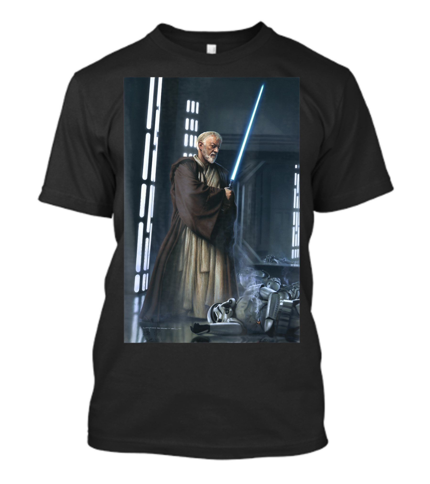 Star Wars Obi Wan Kenobi With Blue Lightsaber In Sci-Fi Setting T-Shirt