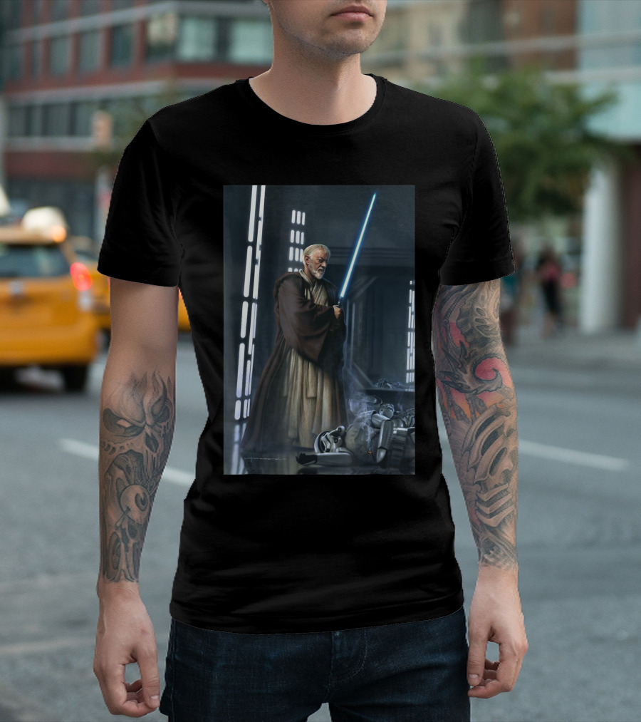Star Wars Obi Wan Kenobi With Blue Lightsaber In Sci-Fi Setting T-Shirt