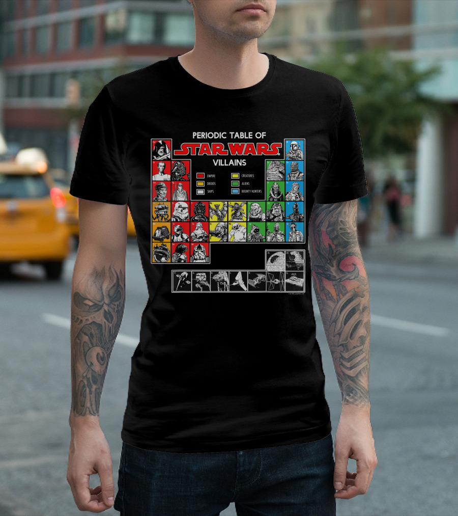 Star Wars Periodic Table Villains Empire Droids Creatures Aliens Bounty Hunters Ships T-Shirt