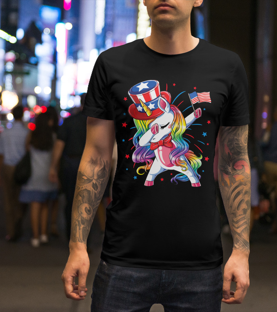 Dabbing Unicorn Patriotic 4th Of July Celebration Girls Kids Women American T-Shirt