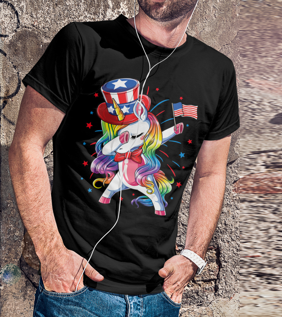 Dabbing Unicorn Patriotic 4th Of July Celebration Girls Kids Women American T-Shirt