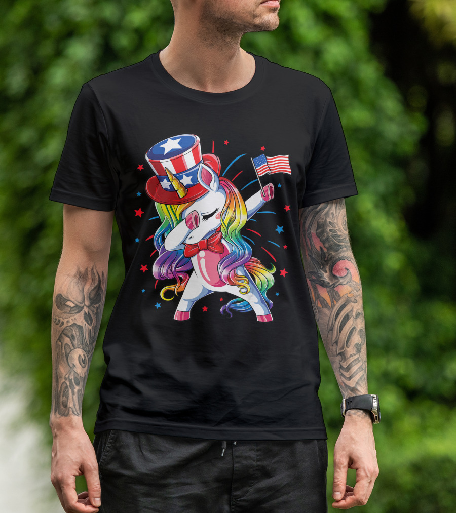 Dabbing Unicorn Patriotic 4th Of July Celebration Girls Kids Women American T-Shirt