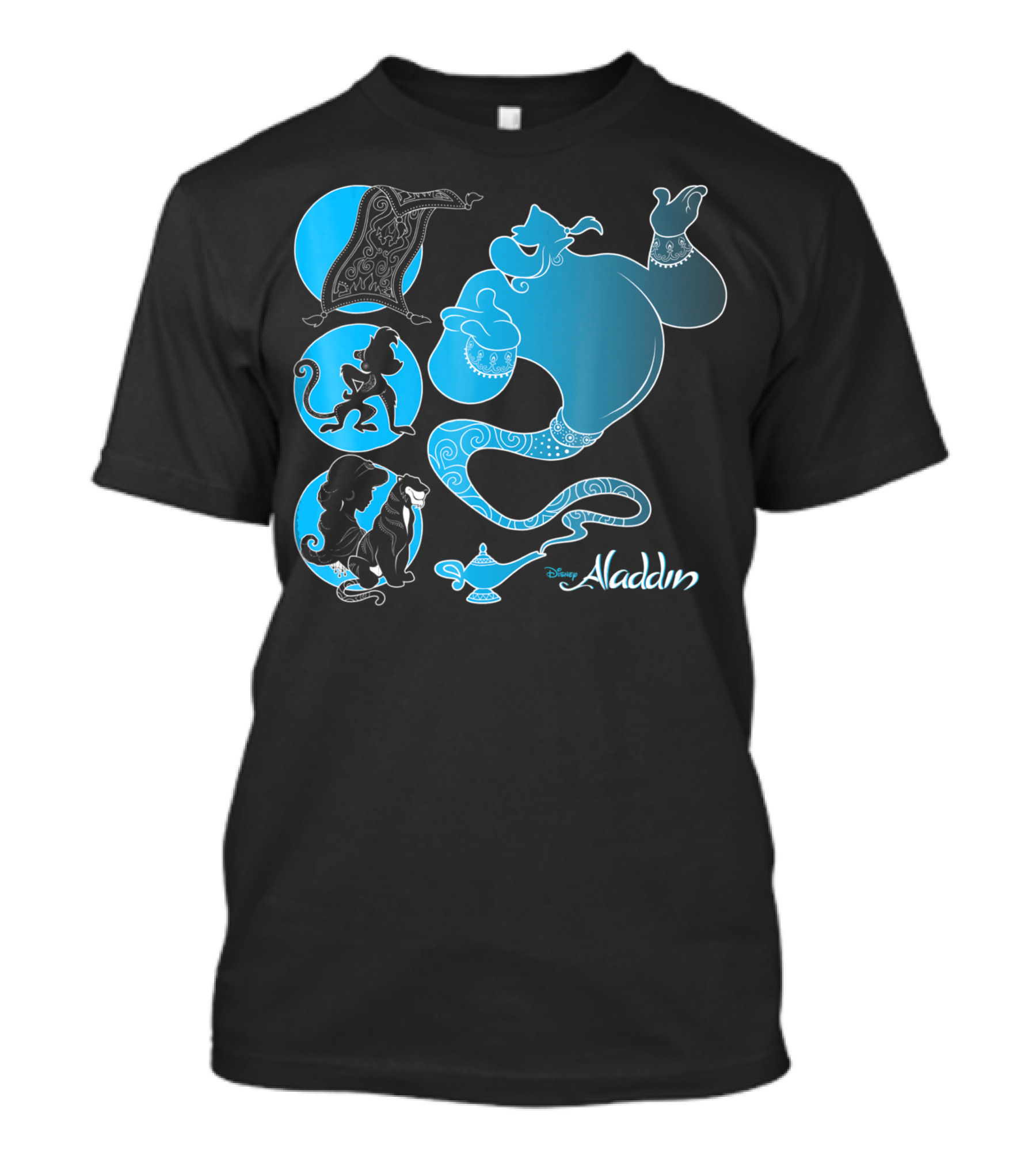Disney Aladdin Genie Abu Carpet Jasmine Rajah Blue Lamp T-Shirt
