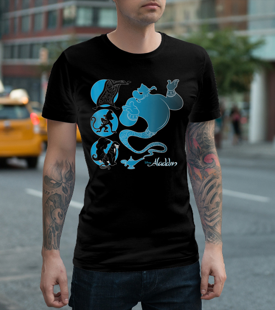 Disney Aladdin Genie Abu Carpet Jasmine Rajah Blue Lamp T-Shirt