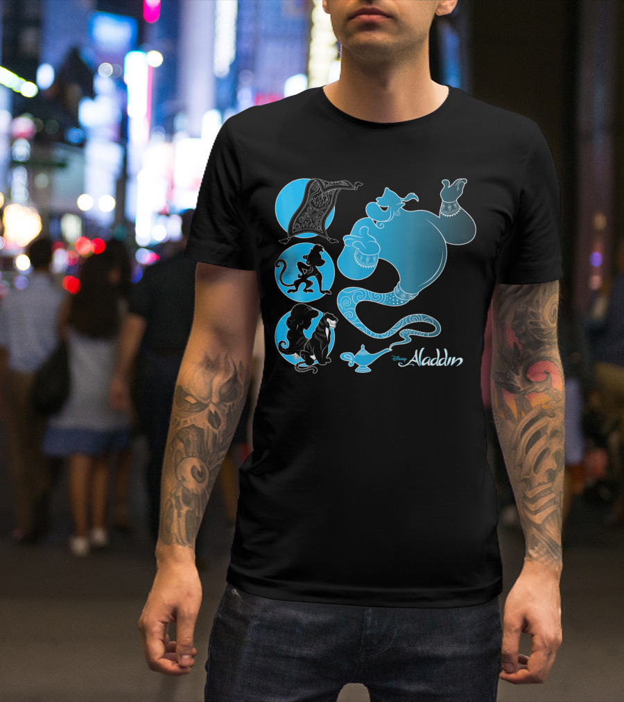 Disney Aladdin Genie Abu Carpet Jasmine Rajah Blue Lamp T-Shirt