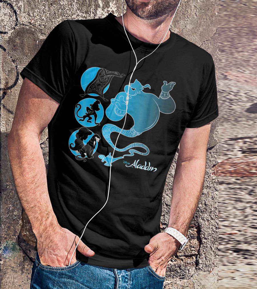 Disney Aladdin Genie Abu Carpet Jasmine Rajah Blue Lamp T-Shirt