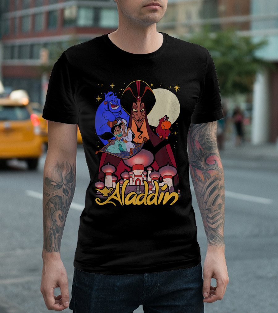 Aladdin Magic Carpet Ride Genie Jafar Parrot Moonlit Agrabah Scene T-Shirt