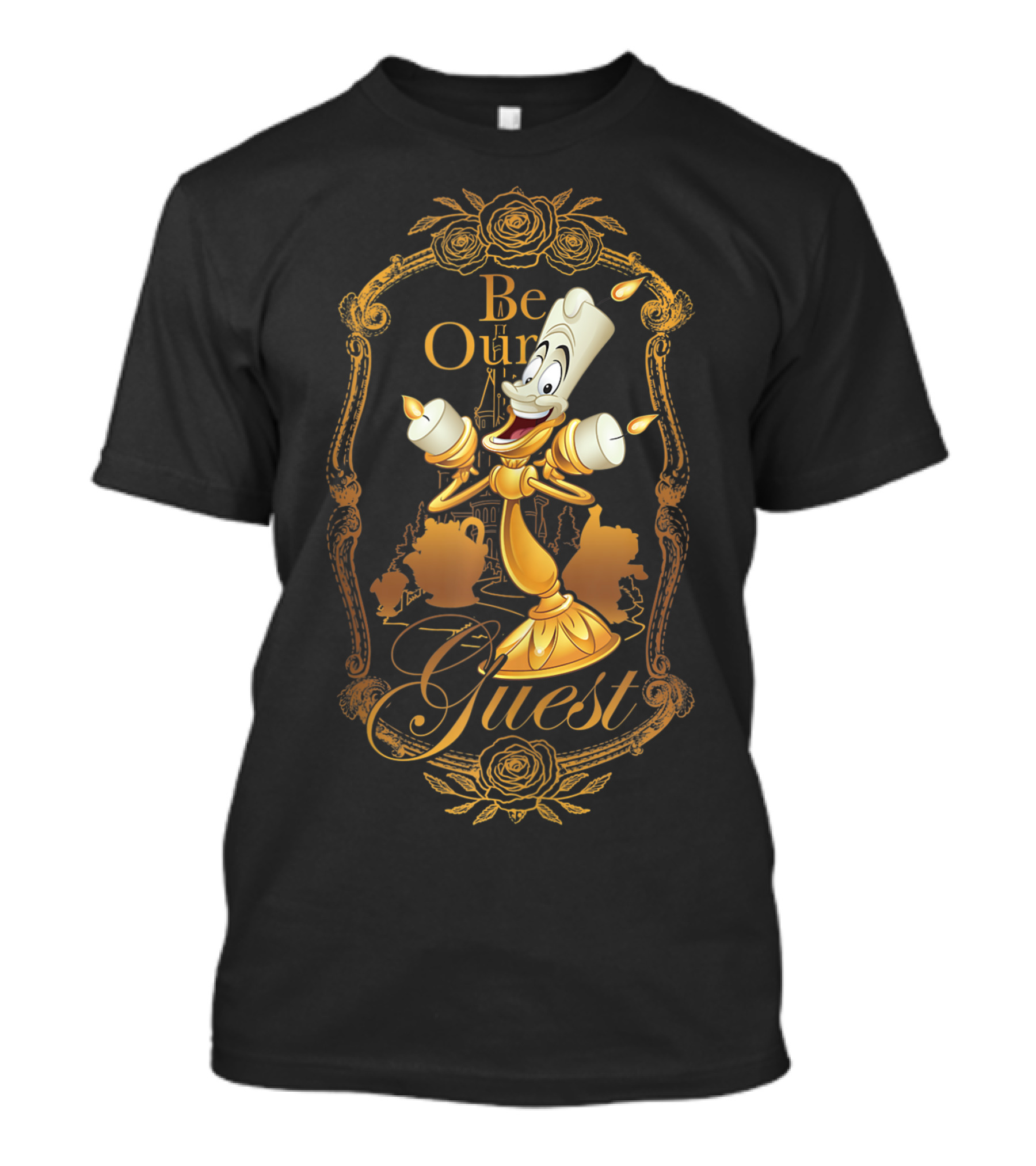 Disney Beauty And The Beast Be Our Guest Lumiere Golden Castle Roses T-Shirt