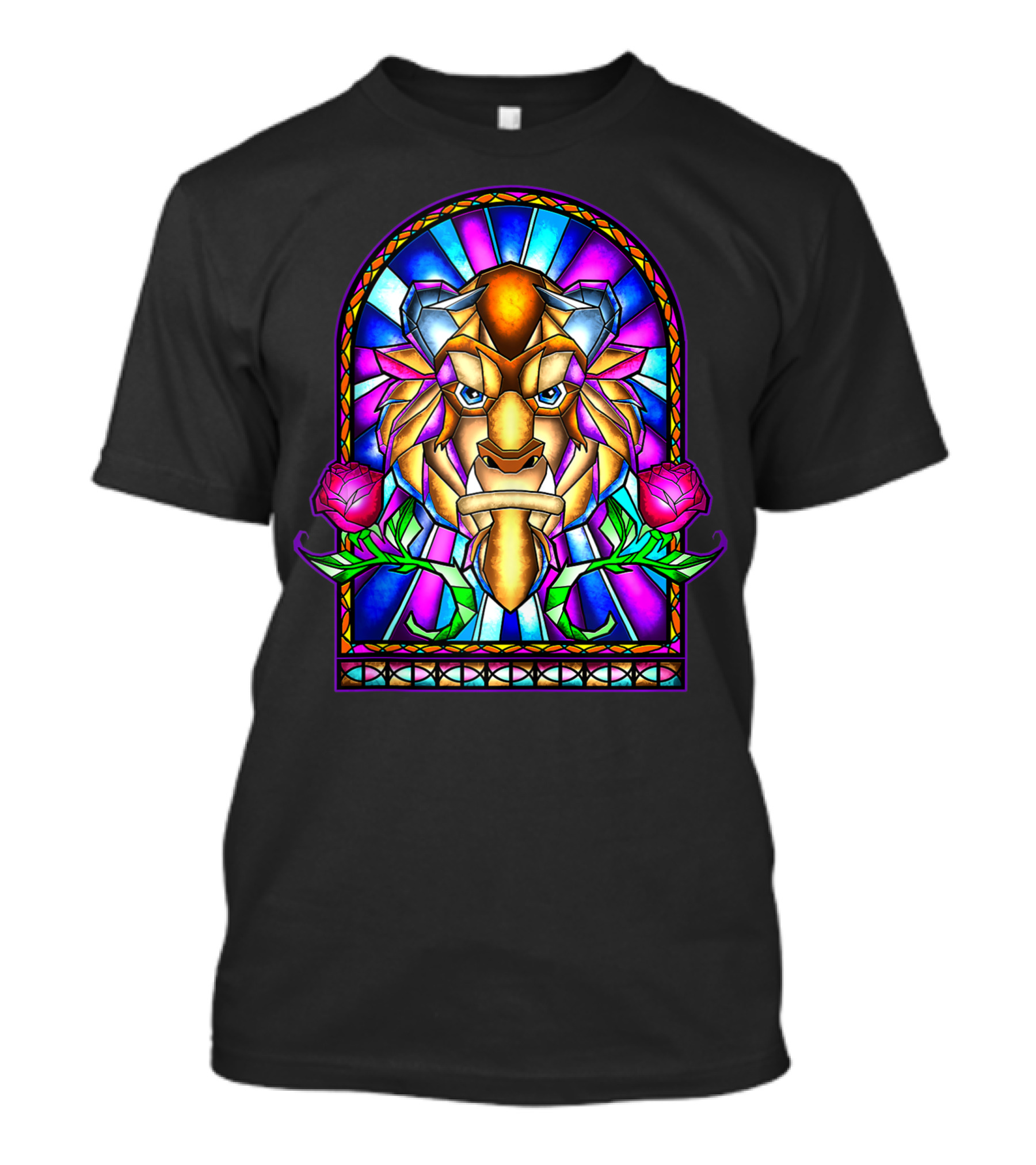 Disney Beauty And The Beast Stained Glass Window Beast Face Roses T-Shirt